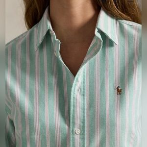 Ralph Lauren Women's Light Green Striped Slim Fit Polo Button Down ~ Size 12
